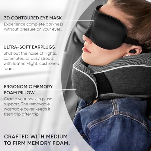 Proglobe Travel Pillow, 100% Memory Foam Airplane Neck Pillow, Dark Grey