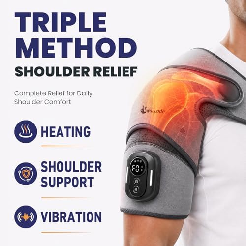 Triple Method Shoulder Massager with Heat, Vibration and Brace Support, 5000mAh Cordless Shoulder Heating Pad with Magnetic Controller, Shoulder Wrap for Muscle Relief (Light Grey)
