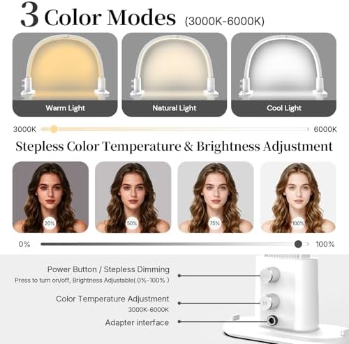BLUVALL Half Moon Nail Lamp for Desk Portable Nail Desk Lamp with Phone Holder, Stepless Adjustment of Brightness and Color Temperature Desk Lamp for Nail Tech, Eyelash, Tattoo, Makeup (White)