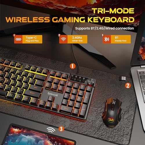 Redragon K521WL Wireless Gaming Keyboard with Knob, Tri-Mode BT/2.4G/USB-C RGB Mechanical Feeling Keyboard with Multimedia Keys, 4000mAh Battery, Anti-Ghosting, Compatible with PC - Upgrade