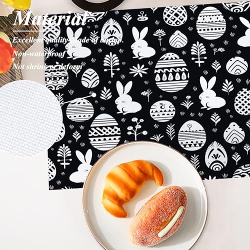 Shrahala Easter Eggs Rabbits Set of 4 12 X 18 Inch Linen Placemats, Black White with Eggs Rabbits Burlap Table Mat Washable Double Layered Heat Insulation for Indoor/Outdoor