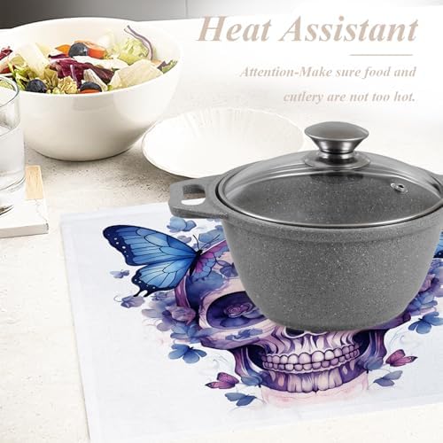 Shrahala Halloween Watercolor Skull Set Of 4 12 X 18 Inch Linen Placemats , Purple Blue Gothic Butterflies Flowers Burlap Table Mat Washable Double Layered Heat Insulation For Indoor/Outdoor