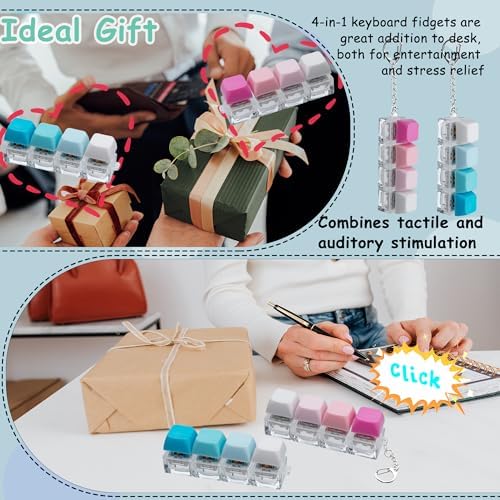 2 PCS Keyboard Fidget Toy, Keyboard Fidget Keychain 4-in-1 Keyboard Decompression Button Finger Clicker Toys, Button Stress Relief Fidget Gifts to Relief Stress (Blue Pink)