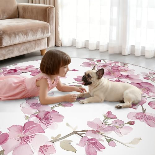 Floral Round Area Rug - 3.3ft Abstract Floral Round Rug for Kitchen, Modern Minimalist Circle Rugs Washable Soft Non-Slip Carpet for Bathroom Kitchen Decor Mat