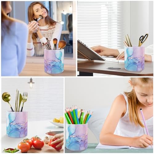 Large Capacity Colored Pen Holder for Desk, Leather Pencil Holder Pen Cup Marker Holder Makeup Brush Holders, Desk Accessories & Workspace Organizers for Home, Office, Pink Blue Marble