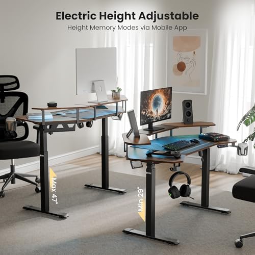 EUREKA ERGONOMIC Aero 55 Inch W Shaped Electric Standing Desk, Height Adjustable Computer Gaming Desk with LED Monitor Shelf, Mouse Pad, Headphone Hook, Cup Holder, Dark Walnut