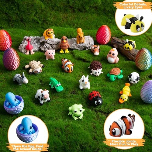 MONJITA 21 Pcs 3D Printed Easter Eggs with 21 Pcs Mini Animal Figurines Inside, Flexible Articulated Fidget Toys, Party Favors, Easter Basket Stuffers, Gifts for Kids Students Carnival Prizes