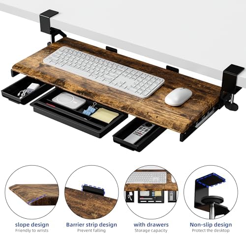 ETHU Under Desk Keyboard Tray with Metal Slide Rail, 26.8x11.8", Walnut