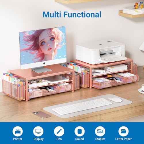 OPNICE Desk Organizers and Accessories, Computer Monitor Stand Riser with Drawer and 2 Pen Holders, Printer & Laptop Stand, Office Desk Accessories & Workspace Organizers for Home Office Supplies, Rose Gold