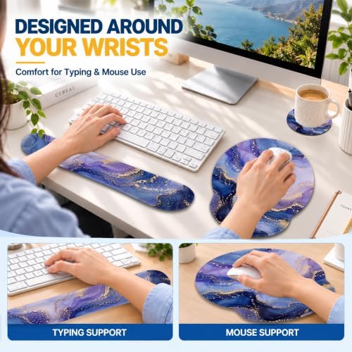 Blue Marble Keyboard Wrist Rest and Mouse Pad Set with Matching Coaster