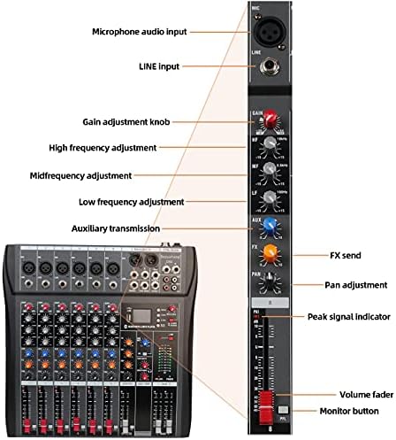 Depusheng DX6 Professional Mixer Sound Board Console 6 Channel Desk System Interface Digital USB MP3 Input 48V Phantom Power Stereo DJ Studio FX Steel Chassis,Black Bluetooth USB Audio Mixer for PC