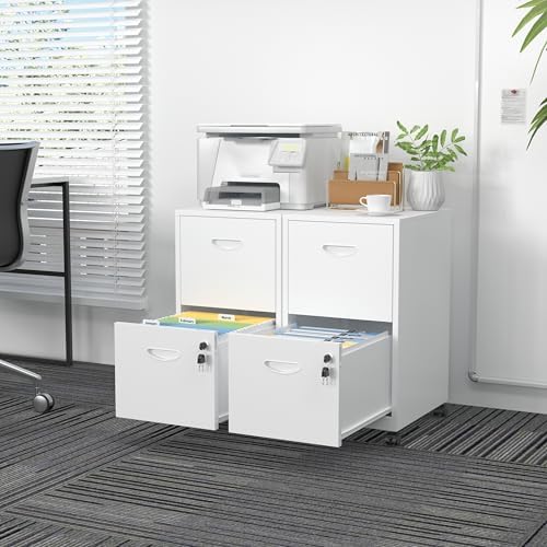 SteeLoong 2 Drawer File Cabinet,Metal Mobile File Cabinet with Lock White
