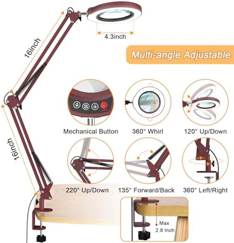 12X Large Magnifying Glass with Light and Clamp, Real Glass, 5 Color Modes, Stepless Dimmable, 2 x 16 Inch Adjustable Swing Arm Stand Desk Lamp, LED Lighted Magnifier Hands Free for Close Work - Red