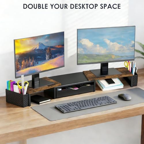 Spacrea Wood Dual Monitor Stand Riser with Drawer and 2 Pen Holders