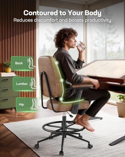 Marsail Drafting Chair with Flip-Up Armrests and Footrest, Ergonomic Tall Office Chair, Height Adjustable High Chair, Brown Leather Seat with Thick Cushion, 360° Swivel, Pack of 4