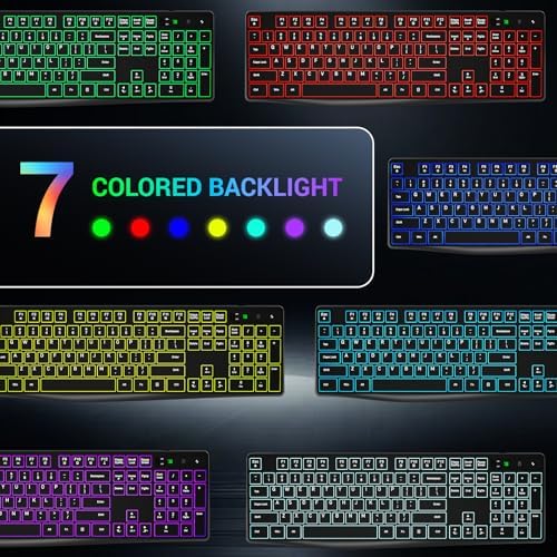 Wireless Keyboard and Mouse Combo, Lovaky 2.4G Full-Sized Ergonomic Keyboard Mouse, 3 DPI Adjustable Cordless USB Keyboard and Mouse, Quiet Click for Computer/Laptop/Windows/Mac (RGB Rainbow, 1 Pack)