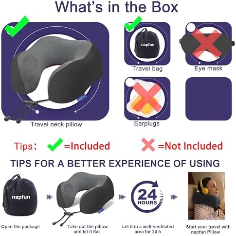 napfun Neck Pillow for Travel, Memory Foam Airplane Pillow, Charcoal Black