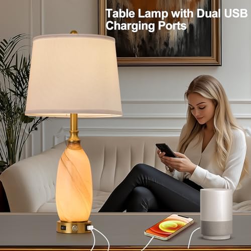 AIDENOEY 26" Modern Art Glass Table & Bedside Lamp, Stepless Dimmable Base + Dimmable 3-Color Light, USB A/C Charging Ports, Touch Control & Switch for Bedroom, Living Room, Office, Study