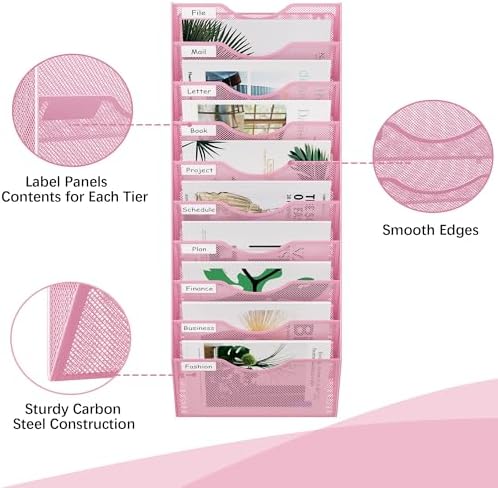 EasyPAG 10 Pocket Mesh Wall File Organizer, Hanging Paper Folder Holder with Classify Label, Vertical Wall Mount Mail Organizer for Office Home Classroom, Pink
