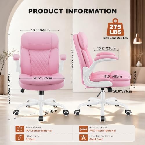 Leather Office Chair, Pink Computer Desk Chair with Dual Back Support