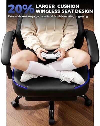 GTPLAYER Big and Tall Gaming Chair with Footrest, High Back Ergonomic Office Chair for Adults, Heavy Duty 350 lbs Capacity, Premium Leather & Iridescent Trim, ACE-Armor, Blue