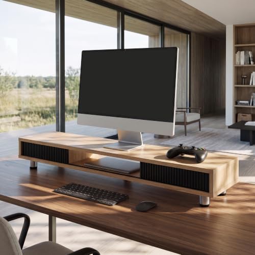 Fenge Dual Monitor Stand with Storage, Desk Shelf with Glass Sliding Door