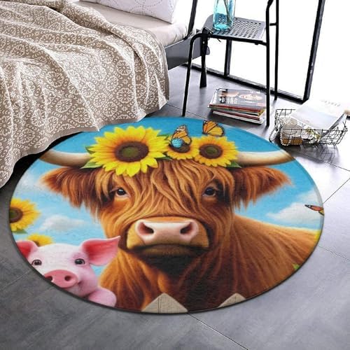 Women's Large Home Decor Mat, Soft Round Yoga Carpet, Non Slip Machine Washable Home Office Circle Rug Pig Sunflower Highland Cow