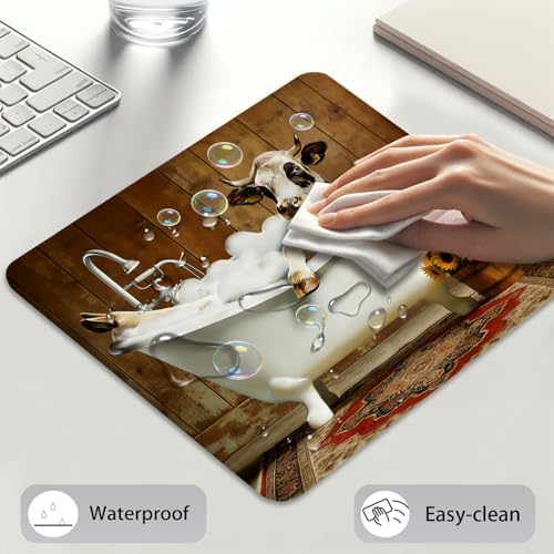 Funny Cow in Bathtub Mouse Pad, Animal with Sunflowers & Bubbles Desk Mat