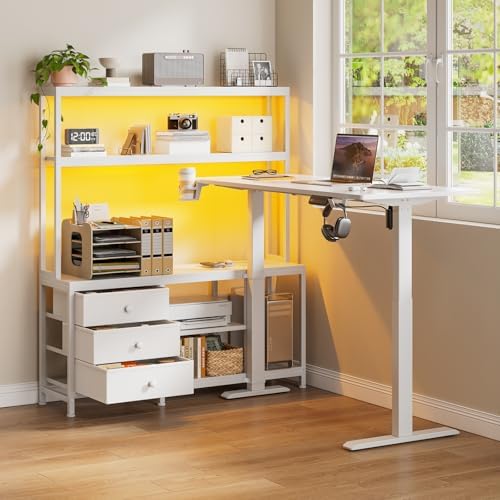 REAHOME 65Inch White L Shaped Standing Desk with Drawers and Hutch