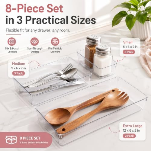 8 Pack Large Clear Plastic Drawer Organizer Trays, 3 Sizes, Non-Slip