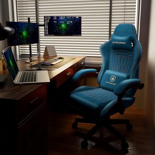 GTPLAYER ACE-PRO Music Gaming Chairs – Built-in Speakers, App Support & Bluetooth Control, Computer Game Chairs with Footrest for Adults, Ergonomic Reclining Silla, Linkage Armrest, Blue 【Velvet】