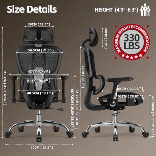 Mesh Office Chair, Ergonomic Office Chair, Home Office Desk Chairs with Headrest, 90-135° Tilt Lock and Breathable Backrest & Lumbar Support, 5D Armrest, Computer Chairs (Large Chair)