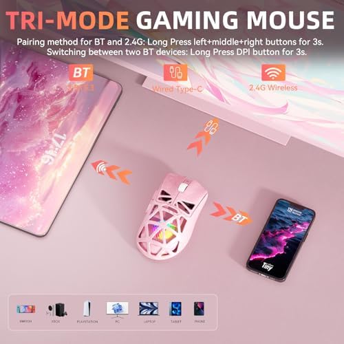 Aula SC620 Wireless Gaming Mouse, Tri-Mode 2.4GHz/USB-C/BT5.3 Computer Mouse with 12000 DPI, Programmable Macro Gamer Mouse with Rapid Fire Key, RGB Light Gaming Mice for PC/Laptop/Mac (Line Pink)
