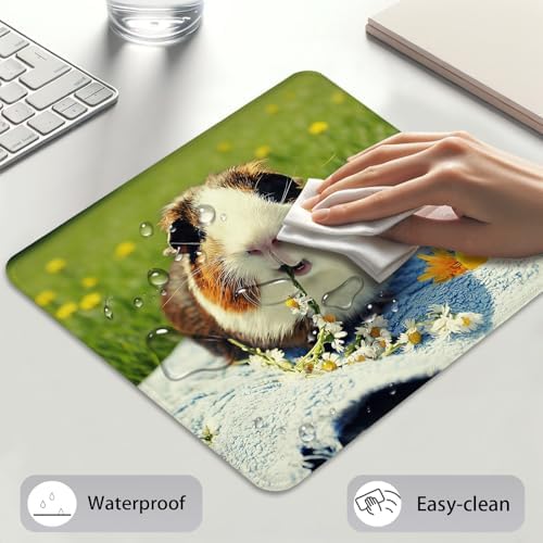 Cute Guinea Pig Eating Daisies Mouse Pad, Cavy with Flowers Grass Desk Mat