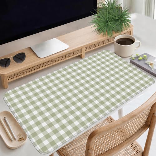 Green Checkered Gingham Desk Mat Pad XXL Large Mouse Pad Anti-Slip Big Mousepad with Stitched Edges Computer Mouse Pads for Desktop Decor Cute Office Desk Accessories
