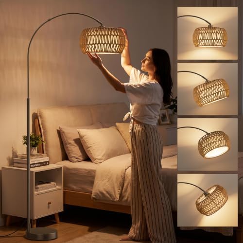 Ambimall Boho Arc Floor Lamp, Color Temp and Brightness Adjustable, Brown