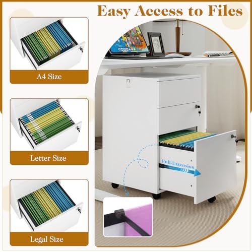 LOKO Mobile File Cabinet with 3 Drawers, Under Desk File Organizer (White)