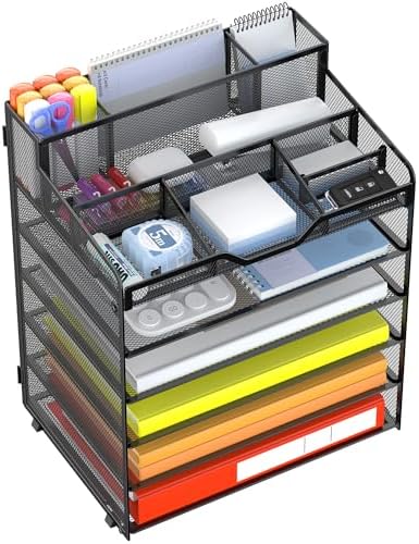 Docnest 6 Tier Mesh Desk Organizer with Letter Tray & Paper Sorter, Black