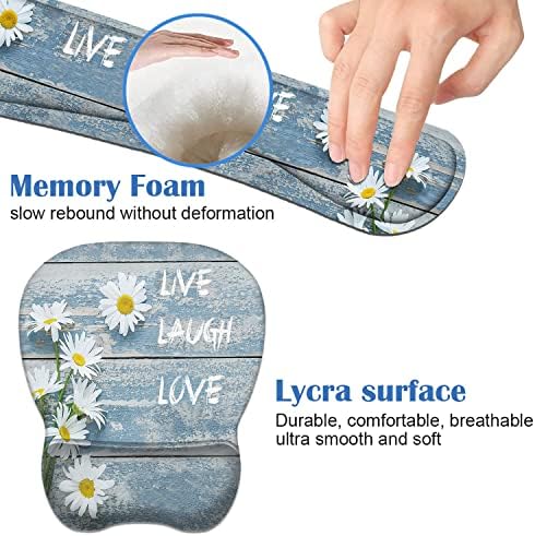 Mouse Pad Wrist Support and Keyboard Wrist Rest Set with Coasters, Dreamy Daisy Vintage Wood Board Live Love Laugh with Non-Slip PU Base Ergonomic Mousepad for Home Office Working Studying