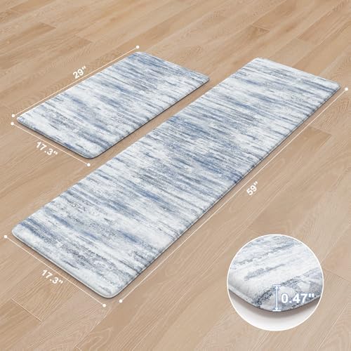 KIMODE Kitchen Mats for Floor,Abstract Kitchen Rugs Sets of 2 Blue Carpets