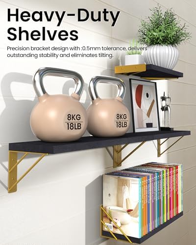 BAYKA Floating Shelves for Bedroom Decor, Wall Shelves for Storage, Wall Mounted Rustic Wood Floating Shelf for Books,Corner Shelf for Bathroom,Kitchen,Living Room(Black and Gold，Set of 4)