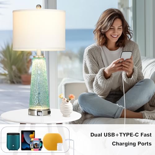 26" Coastal Table Lamps for Living Room, Glass Bedside Lamps with USB A+C Ports & Outlet, Nautical Cracked Glass Nightstand Lamp with Night Light for Bedroom End Table Blue Teal Turquoise Beach Ocean