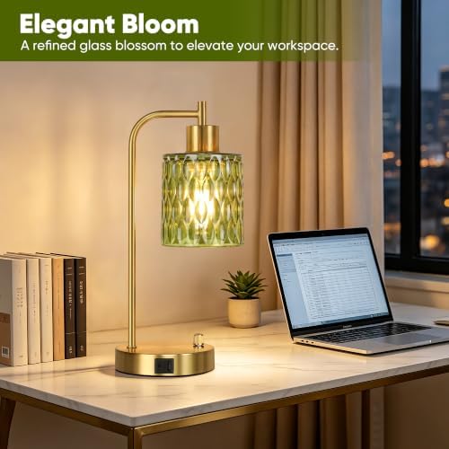 Table Lamps Set of 2, Green Glass Dimmable Bedside Lamps for Living Room