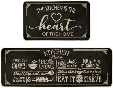 Artoid Mode Black Cooking Sets Kitchen Mats Set of 2, Seasonal The Kitchen is The Heart of The Home Holiday Party Low-Profile Floor Mat for Home Kitchen - 17x29 and 17x47 Inch