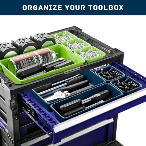 47pcs Tool Box Organizer, Tool Drawer Organizer Trays with Non-slip EVA Pads – Interlocking Divider Set, Fit Garage Storage Desk Drawers & Rooling Tool Cart (Blue & Green 47PCS)
