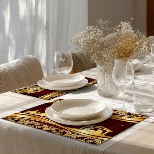 Shrahala Christian Christmas Golden Floral Set of 8 12 X 18 Inch Linen Placemats, Christmas Wise Men Golden Star Bethlehem Burlap Table Mat Washable Double Layered Heat Insulation for Indoor/Outdoor