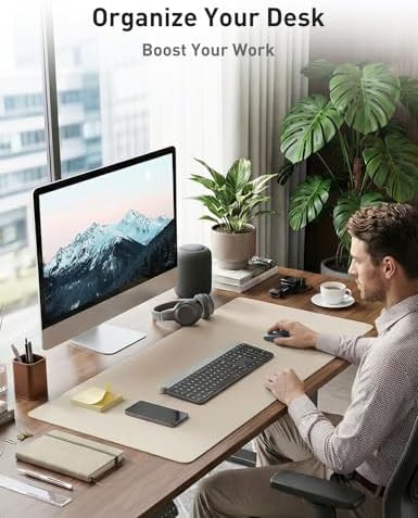 Aothia Faux Leather Desk Mat - Non-Slip PU Leather Desk Blotter, Waterproof Writing Surface, Large Desk Pad for Office & Home (Eggshell, 55" x 17")