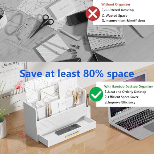 Bamboo Mail Organizer Countertop Pen Holder Wooden Desktop Storage Drawers