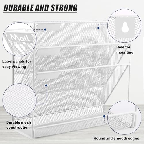 EASEPRES Desk File Organizer Mesh 4-Tier, Hanging Wall Mount Document Organization Stand, Desktop Vertical Mail Paper Folder Holder Rack with Bottom Tray for Office Home Cubicle Countertop, White