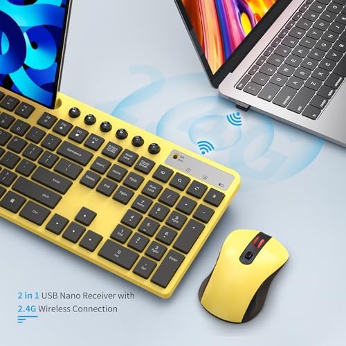 MARVO Wirelss Keyboard and Mouse Combo with Phone Holder, Full-Size, Yellow